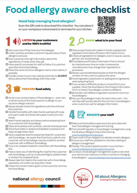 AAA Food allergy aware checklist