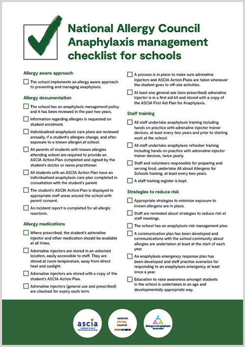 Anaphylaxis management checklist Schools