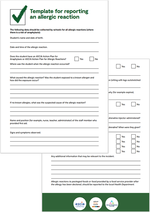 NAC anaphylaxis incident reporting template schools