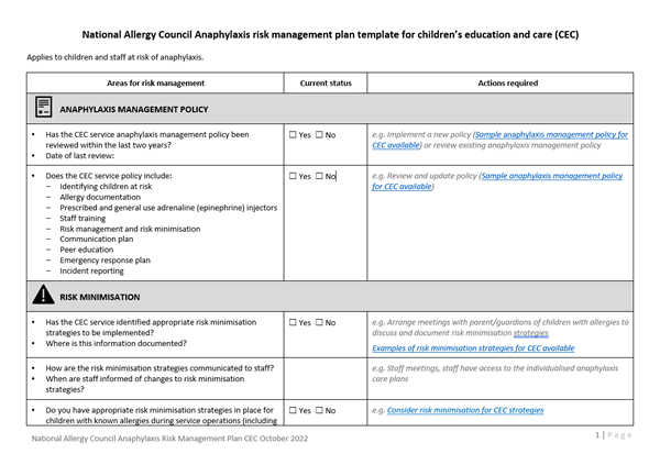 NACS Anaphylaxis risk management plan template