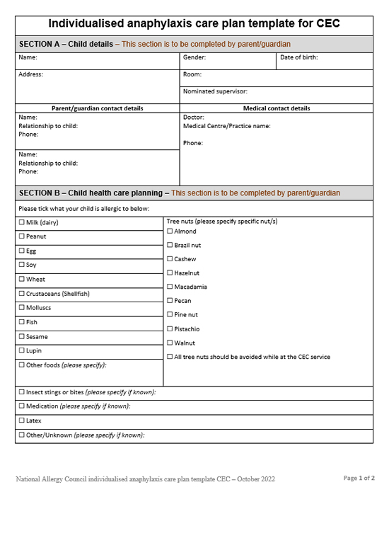 NAC individualised anaphylaxis care plan template CEC