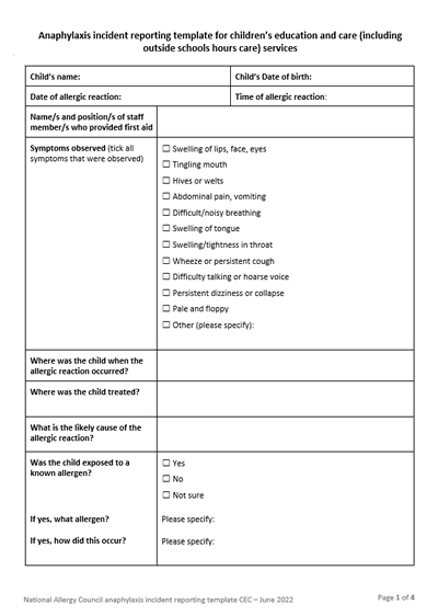 NAC Anaphylaxis incident reporting template CEC