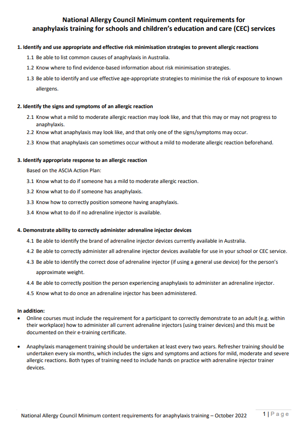 Minimum content requirements for anaphylaxis training for schools and children’s education and care (CEC) services