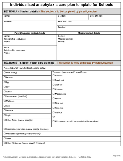 NAC anaphylaxis incident reporting template schools