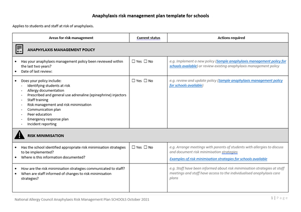 NAC Anaphylaxis risk management plan template schools