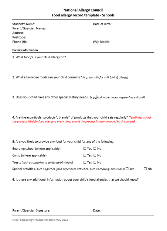 NAC Food allergy record template