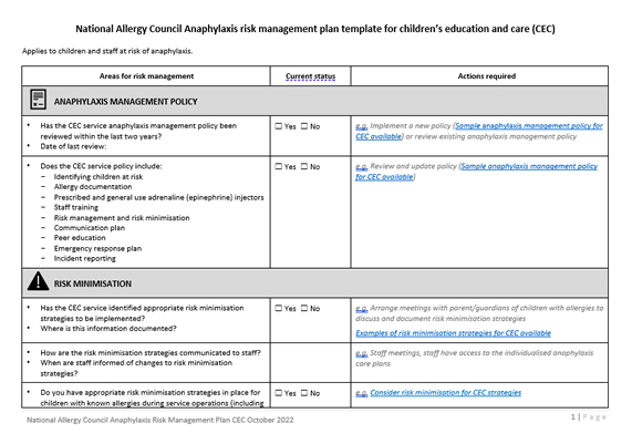 NACS Anaphylaxis risk management plan template