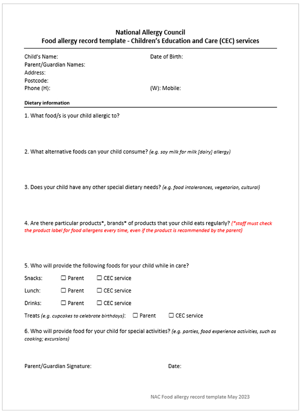 NAC Food allergy record template