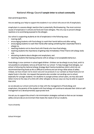 Sample letter to parents /guardians