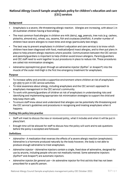 NAS Sample anaphylaxis policy for children’s education and care (CEC) services