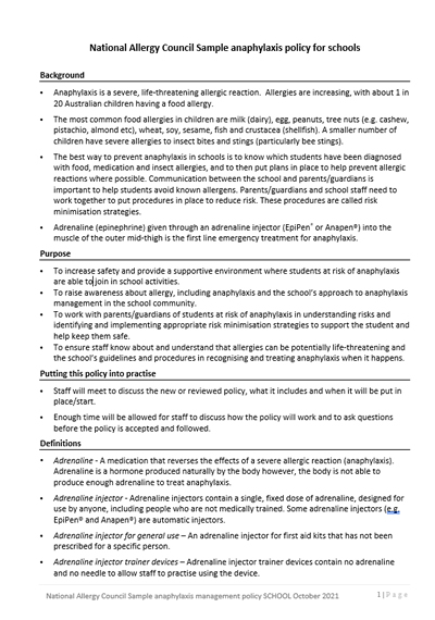 NAC Sample anaphylaxis policy for schools