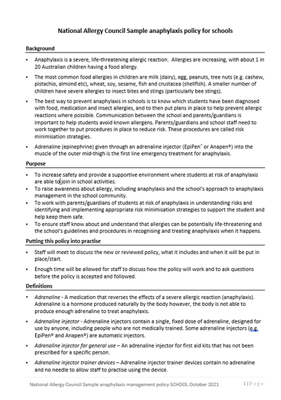 NAC Sample anaphylaxis policy for schools