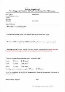 Food allergy record template