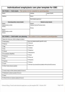 Individualised anaphylaxis care plan template