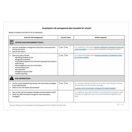 Anaphylaxis risk management plan