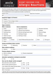 ASCIA event record for allergic reactions 