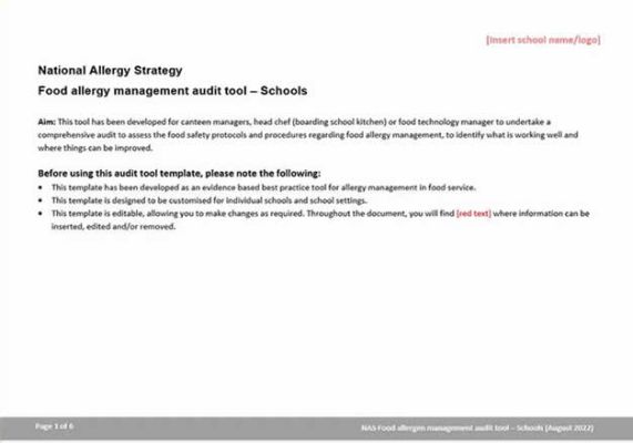 Food allergen management audit tool for schools